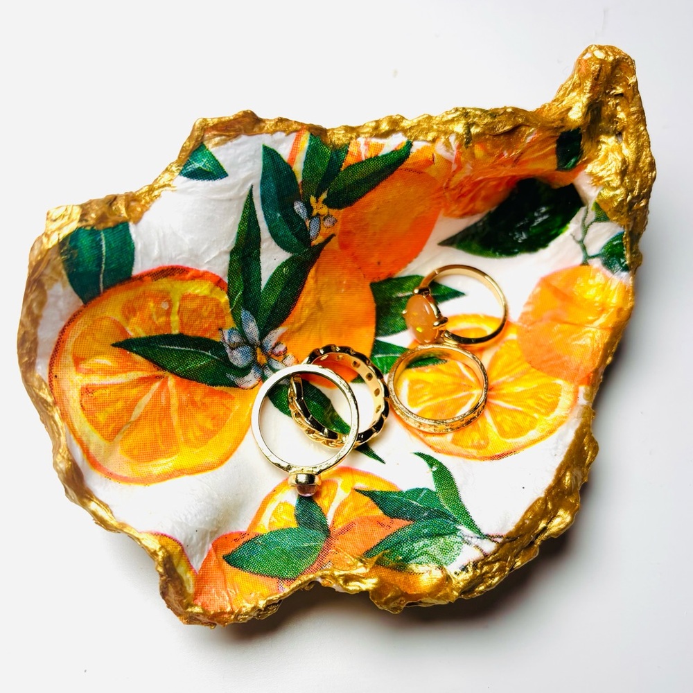 Handcrafted Oyster Shell Trinket Dish With Orange Decoupage Design.